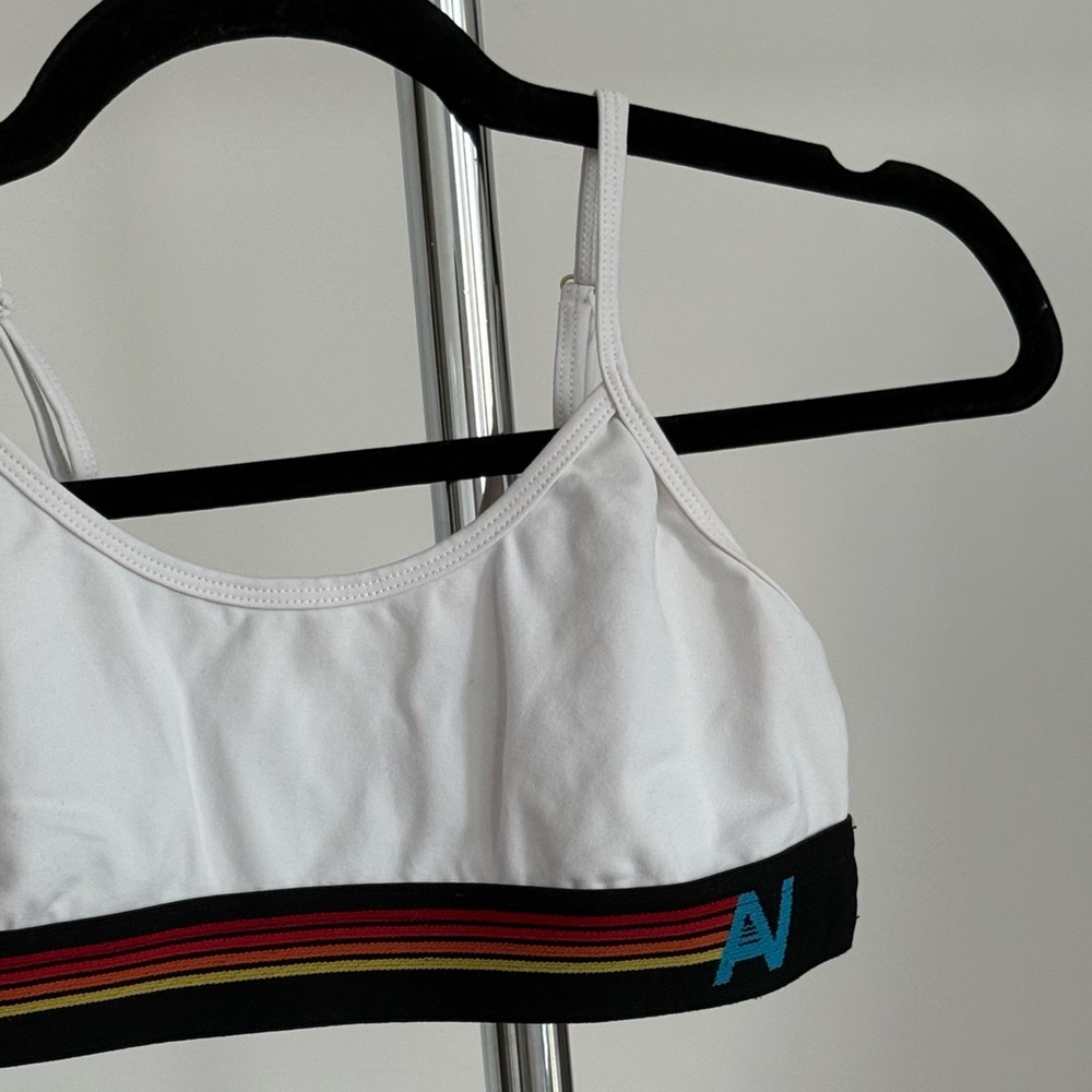 Aviator Nation 4 logo rainbow stripe set, elastic bra+biker shorts, white-size S - Picture 11 of 16